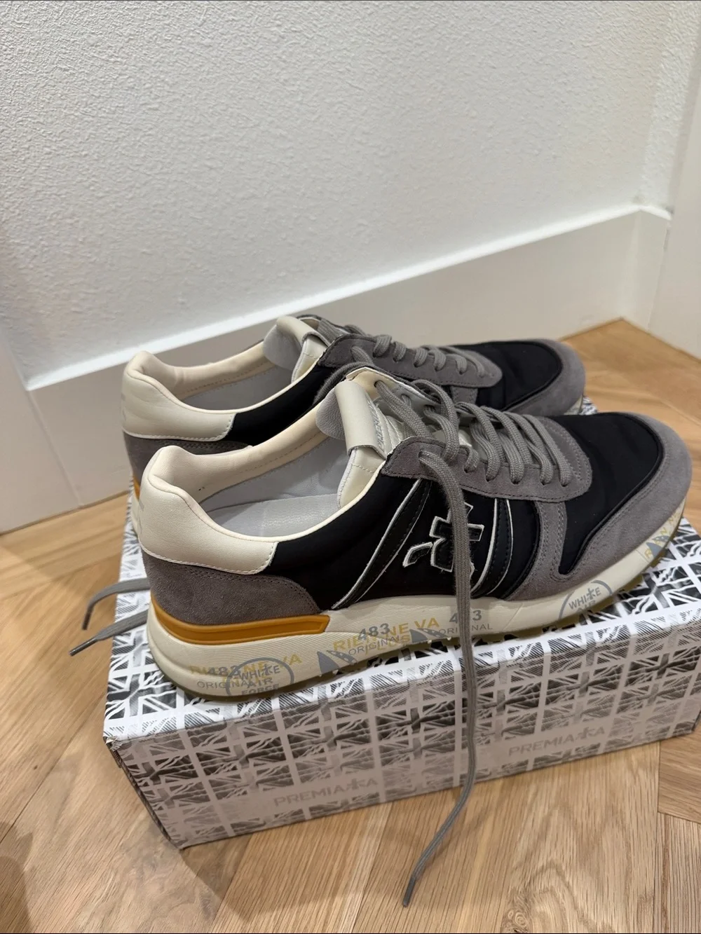 Premiata Men's Lander Black, Gray & Cream Suede Sneakers